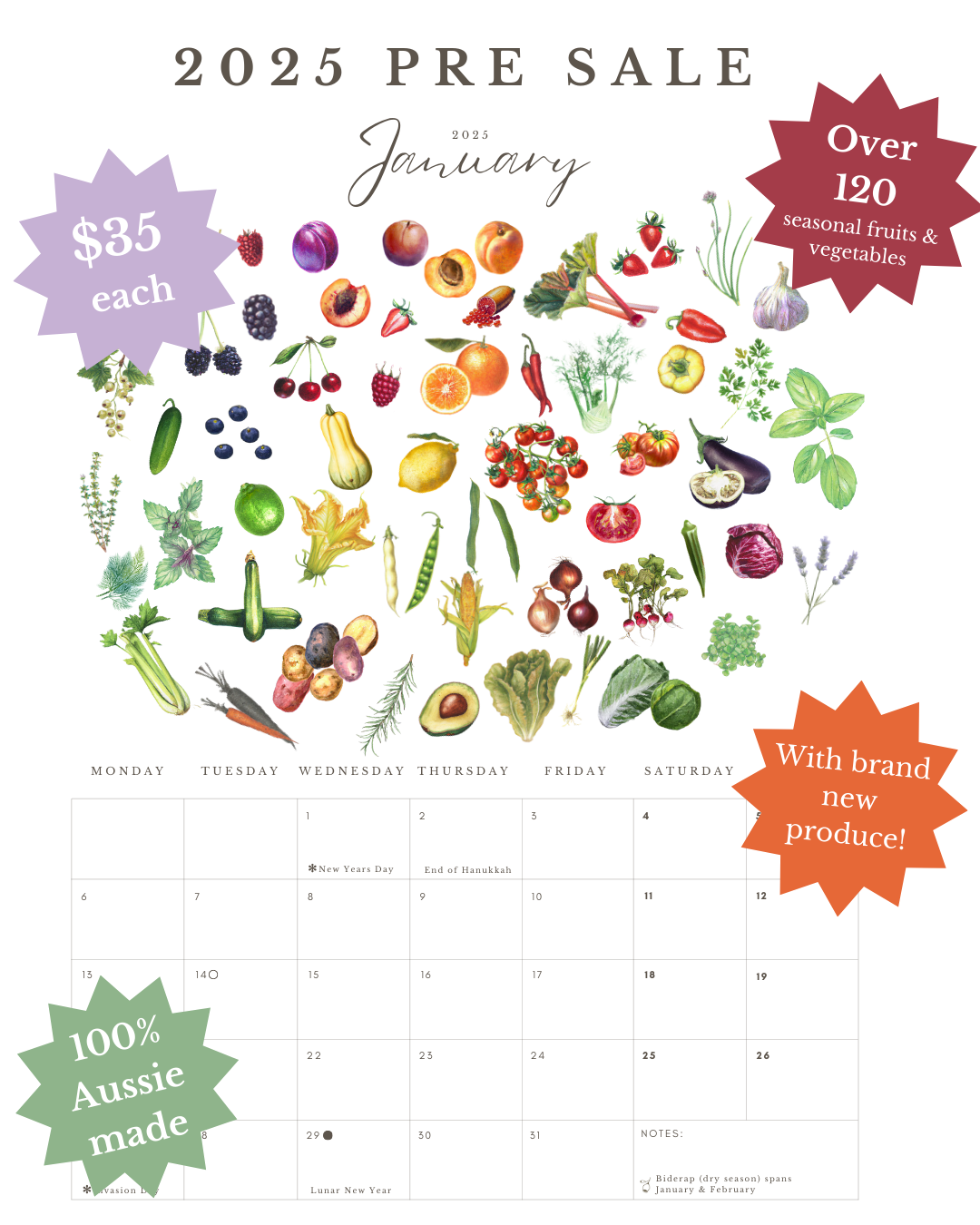 2025 Calendar Victoria & South East Australia PRE ORDER Seasonal